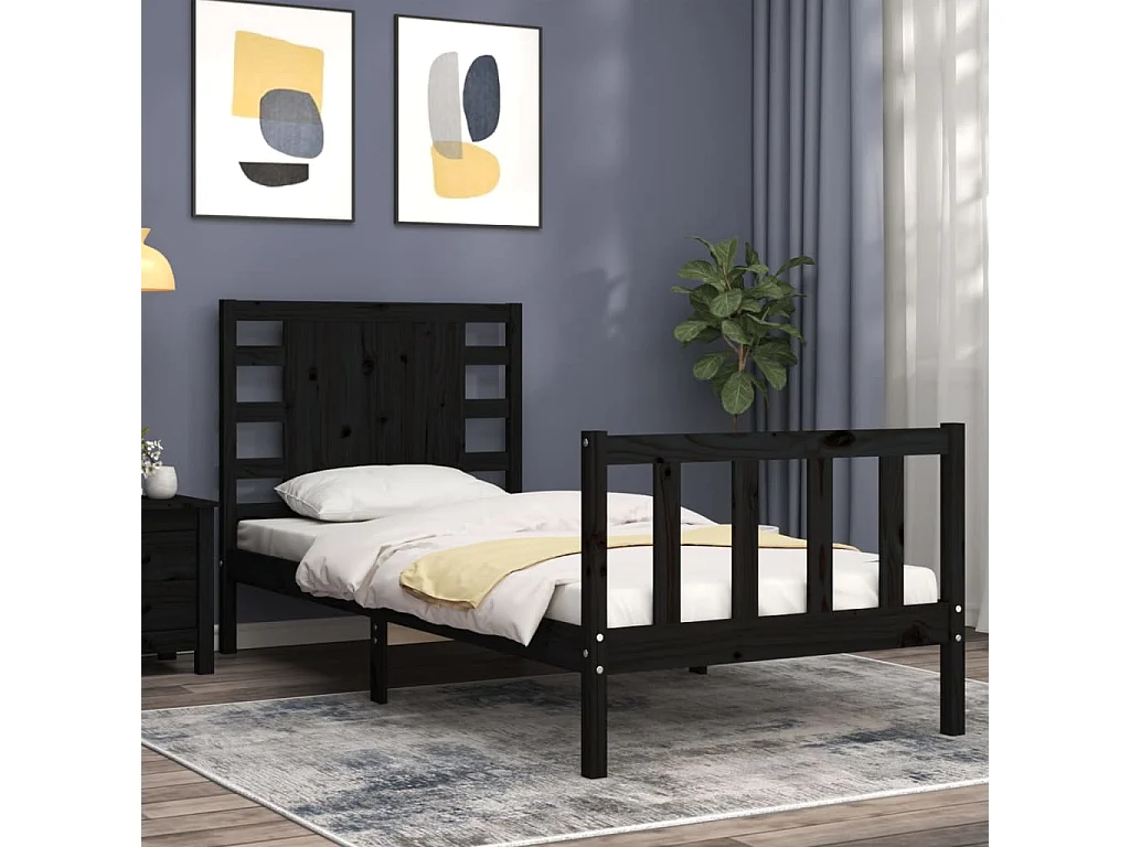 Lit simple | Lit adulte, enfant | Cadre de lit noir bois de pin massif 75x190 cm