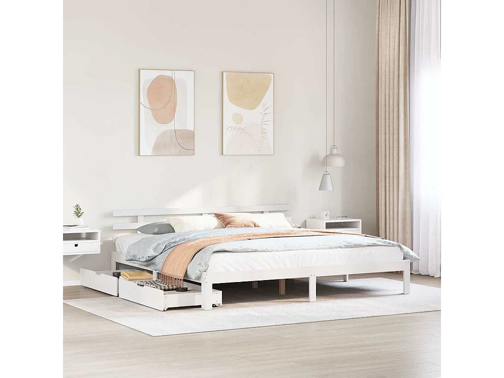 Letto per adulti | Letto matrimoniale | Giroletto con Cassetti Bianco 200x200 cm Legno Massello di Pino