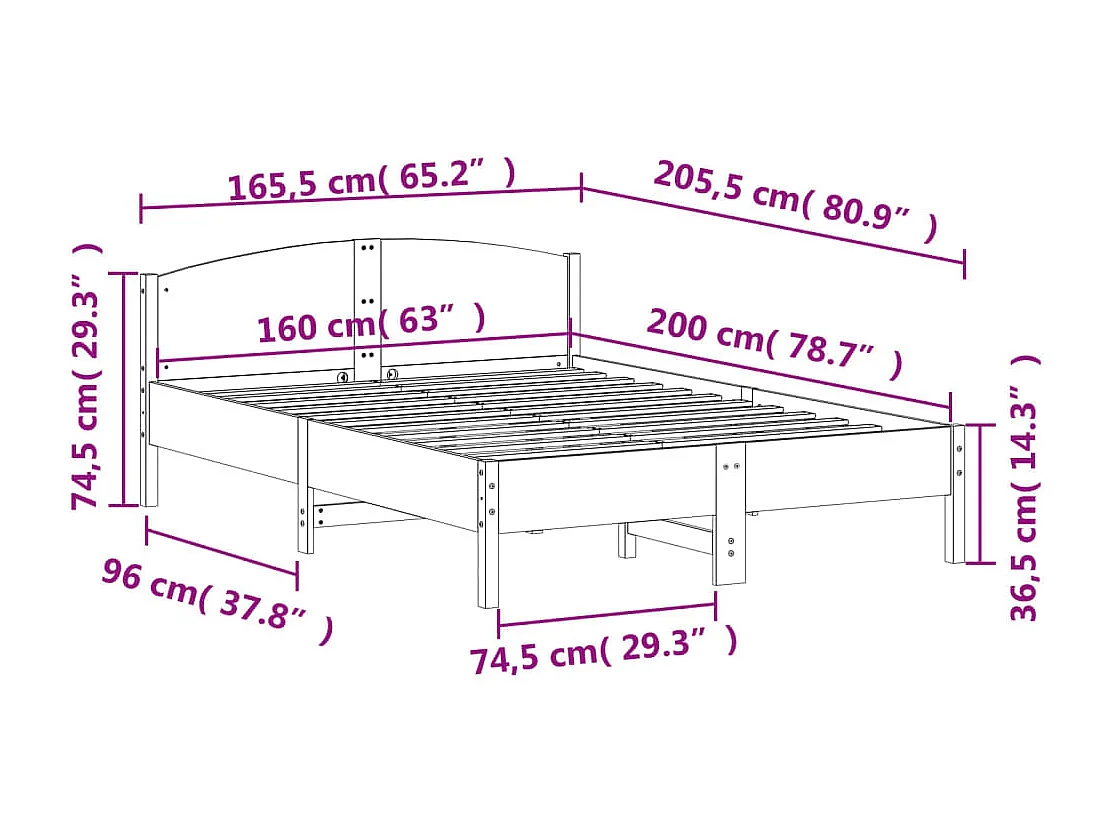Lit double | Lit adulte | Cadre de lit blanc 160x200 cm bois de pin massif