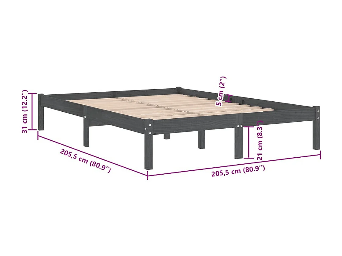 Lit double | Lit adulte | Cadre de lit gris bois massif 200x200 cm