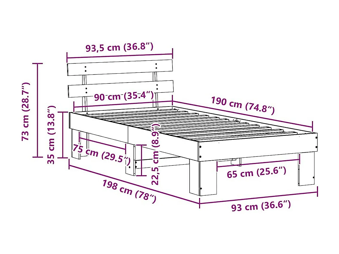 Letto singolo | Giroletto | Struttura del letto Marrone cerato 90x190 cm Pino massello