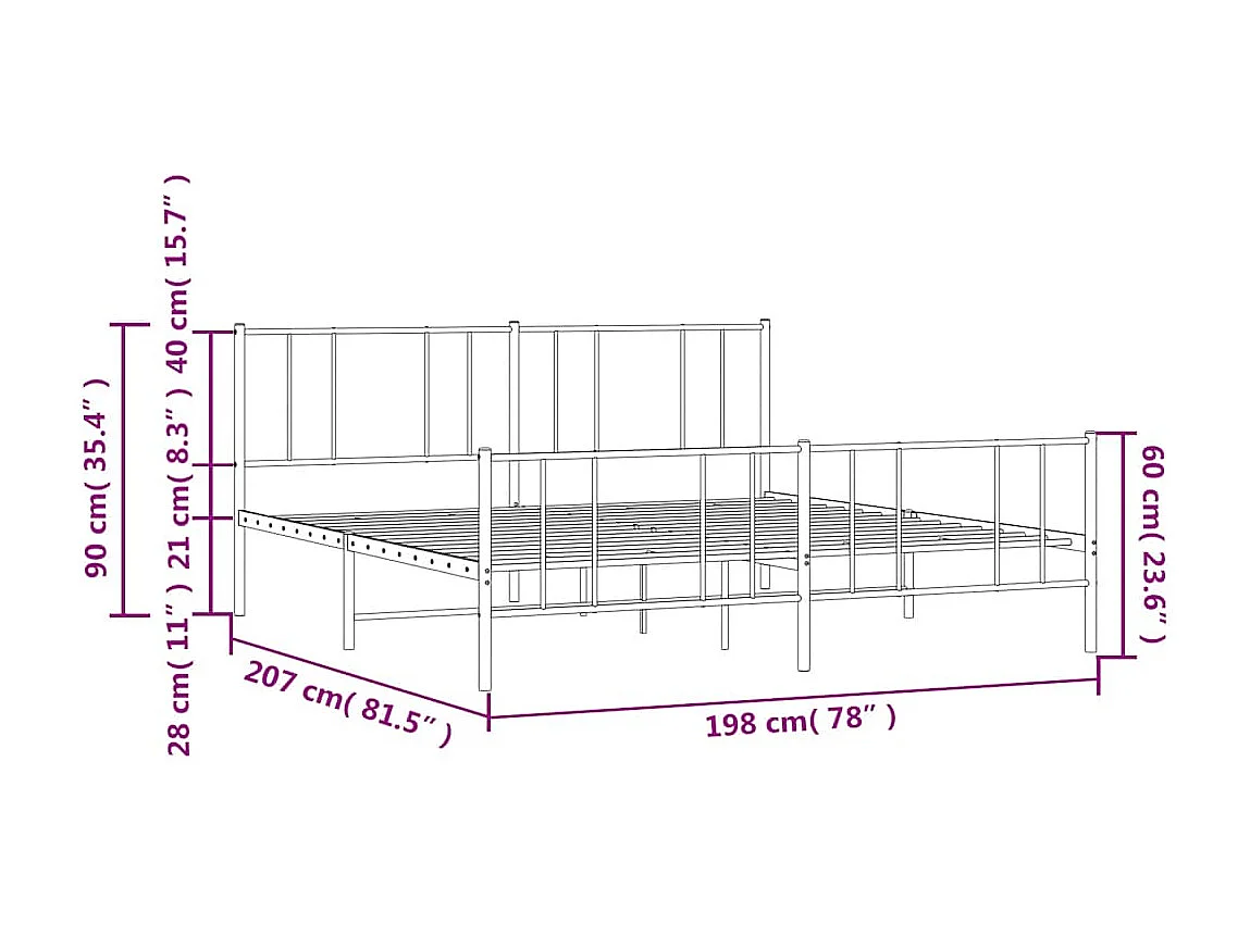 Lit double | Lit adulte | Cadre de lit métal avec pied de lit noir 193x203cm