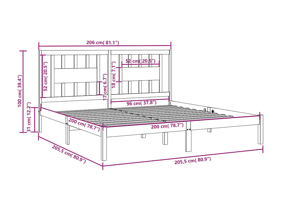 Lit double | Lit adulte | Cadre de lit gris bois massif 200x200 cm