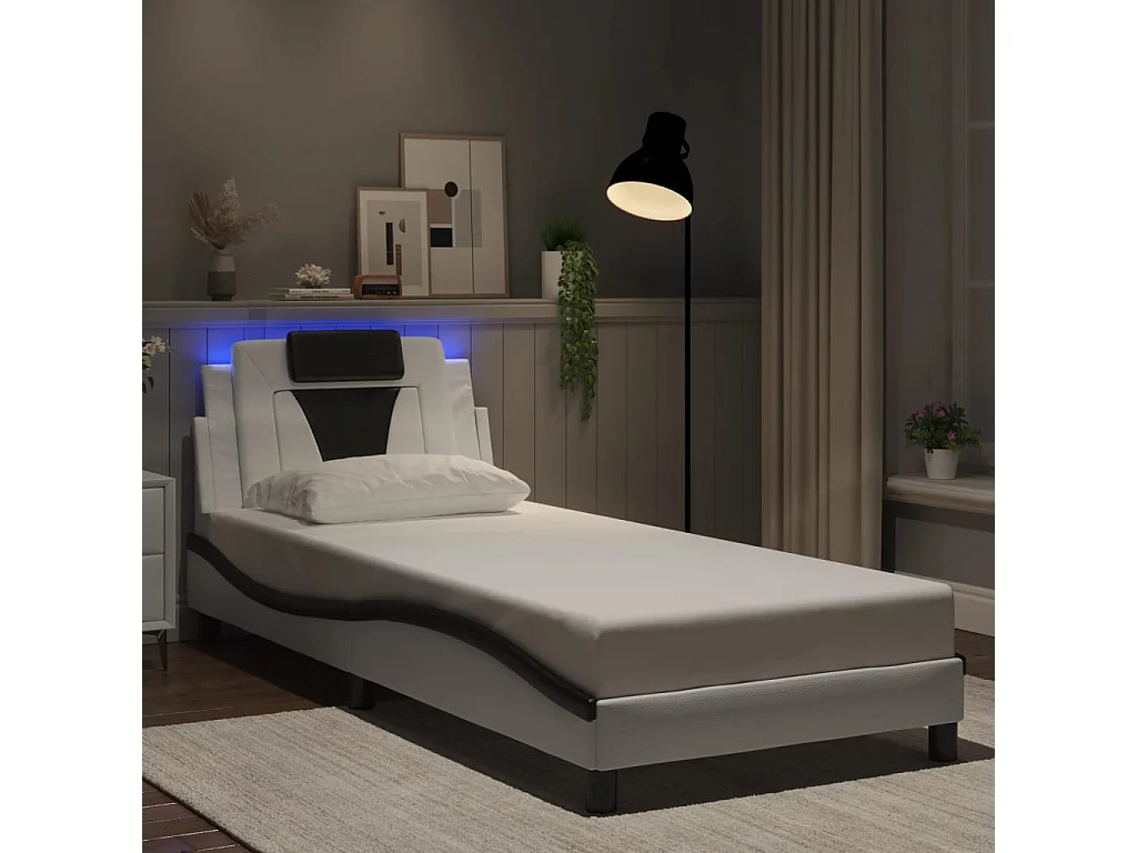 Lit simple | Lit adulte, enfant | Cadre de lit avec LED blanc et noir 90x190 cm