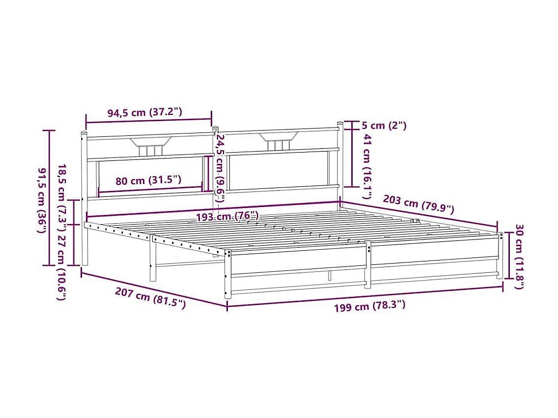 Lit double | Lit adulte | Cadre de lit en métal chêne sonoma 193x203 cm