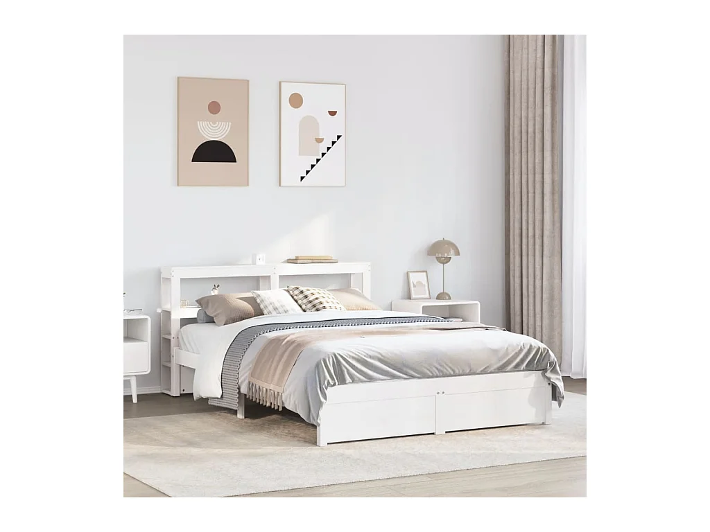 Letto per adulti | Letto matrimoniale | Giroletto con Testiera Bianco 150x200 cm Legno Massello di Pino
