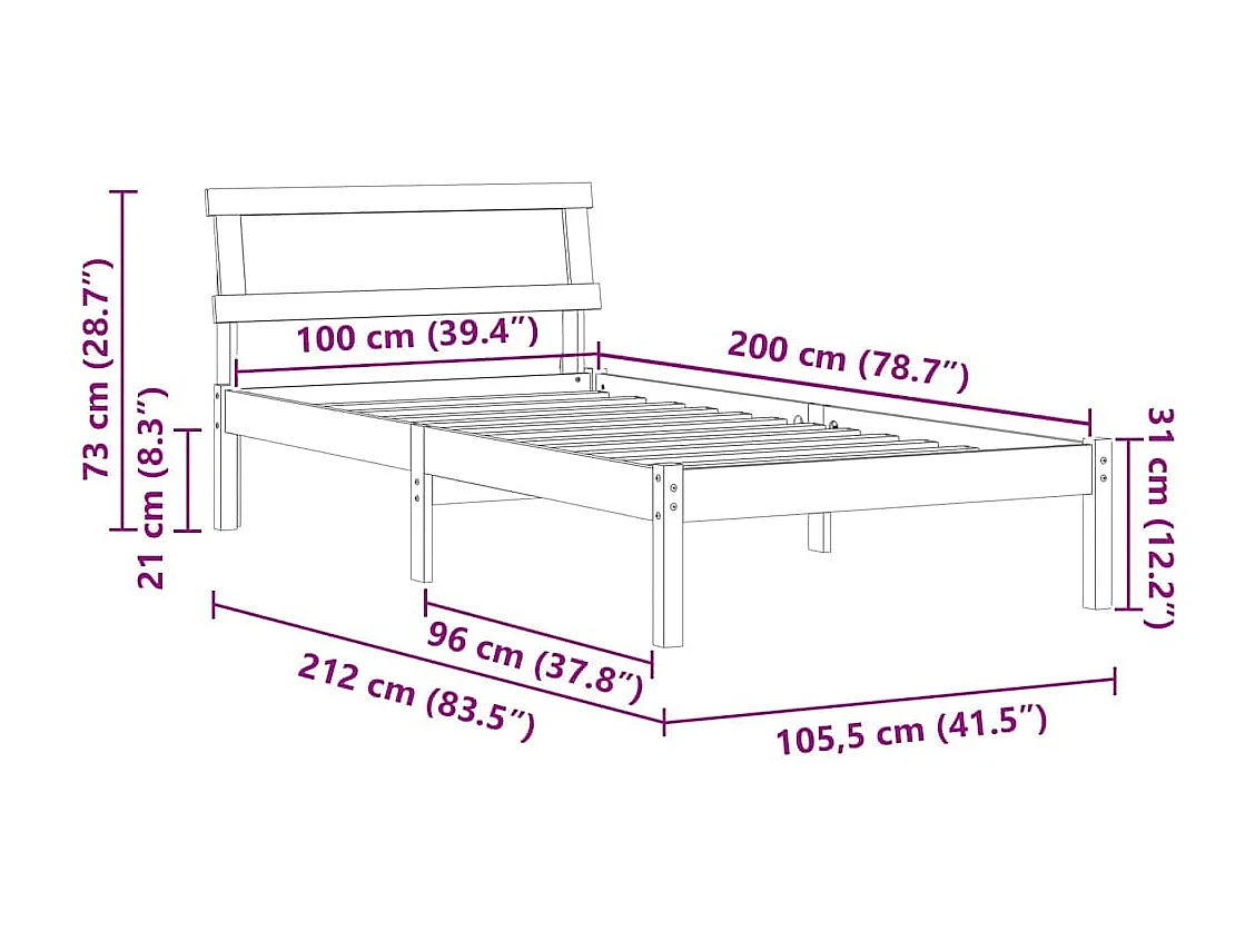Lit simple | Lit adulte, enfant | Cadre de lit Blanc 100x200 cm Bois massif en pin