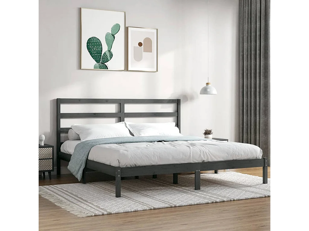 Lit double | Lit adulte | Cadre de lit gris 200x200 cm bois massif de pin