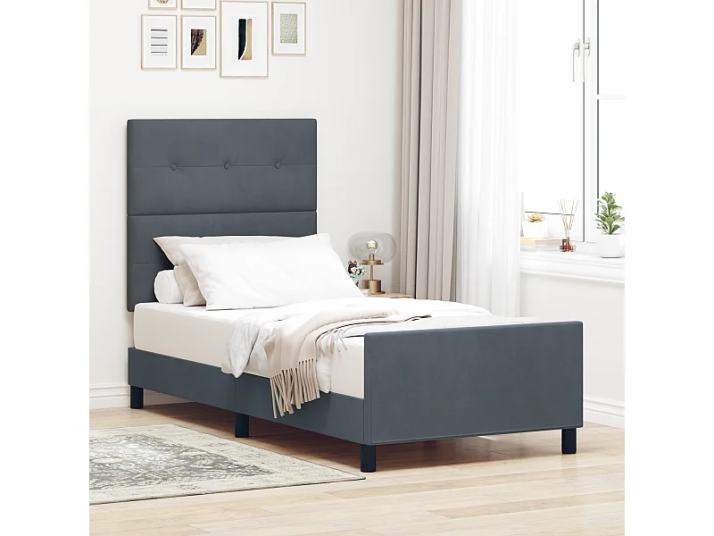 Lit simple | Lit adulte, enfant | Cadre de lit avec tête de lit Gris foncé 90x190 cm Velours