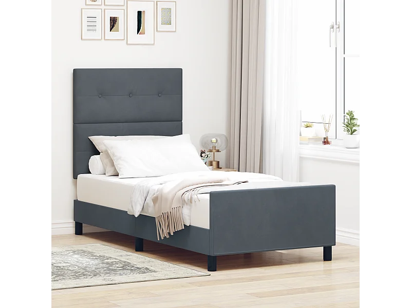 Lit simple | Lit adulte, enfant | Cadre de lit avec tête de lit Gris foncé 90x190 cm Velours