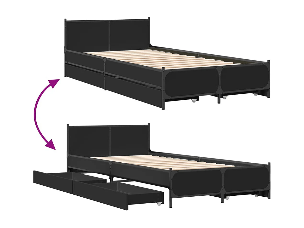 Lit simple | Lit adulte, enfant | Cadre de lit avec tiroirs noir 75x190 cm