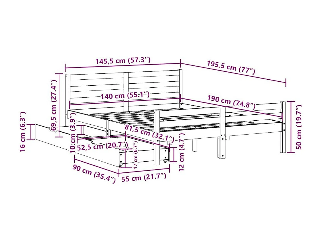Lit double | Lit adulte | Cadre de lit 140x190 cm bois de pin massif