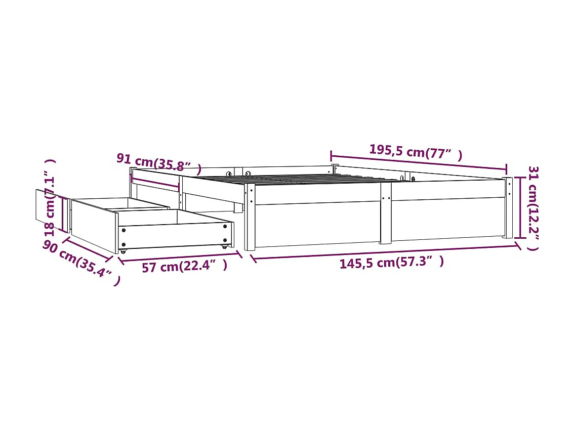 Lit double | Lit adulte | Cadre de lit avec tiroirs 140x190 cm Double