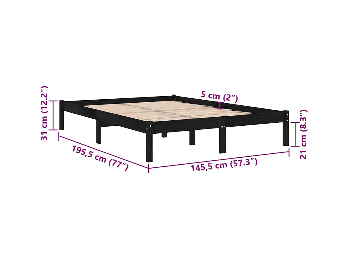 Lit double | Lit adulte | Cadre de lit noir bois massif 140x190 cm