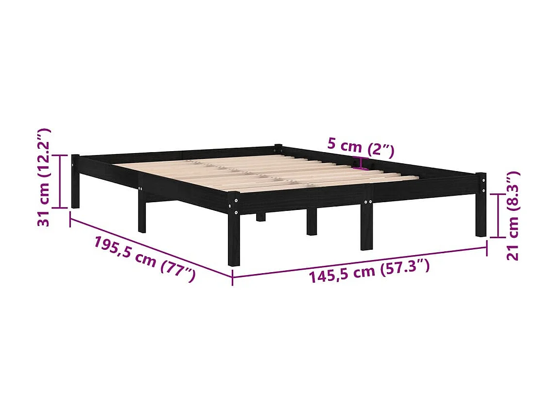 Lit double | Lit adulte | Cadre de lit noir bois massif 140x190 cm