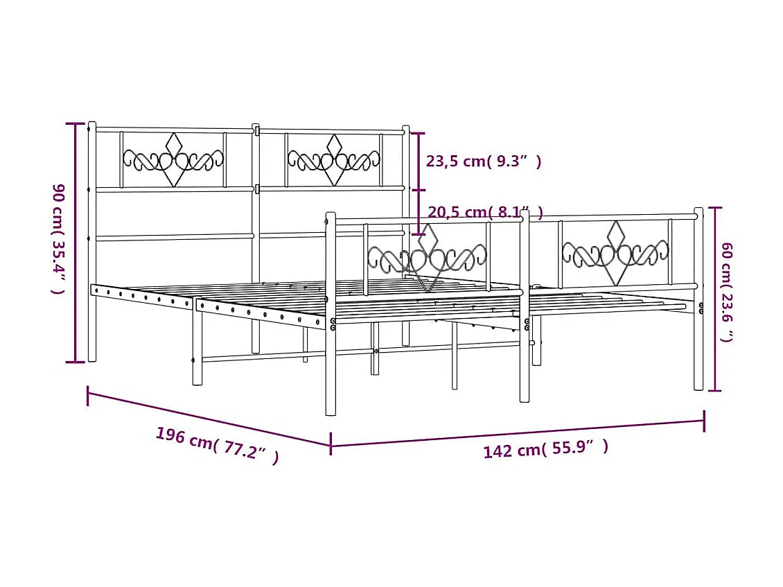 Lit double | Lit adulte | Cadre de lit métal et pied de lit blanc 135x190 cm