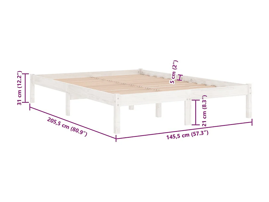 Lit double | Lit adulte | Cadre de lit blanc bois massif 140x200 cm