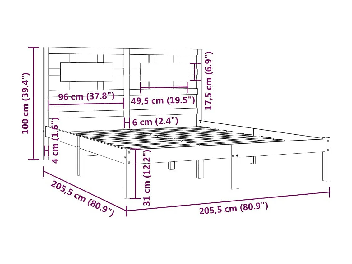 Lit double | Lit adulte | Cadre de lit noir 200x200 cm bois massif de pin
