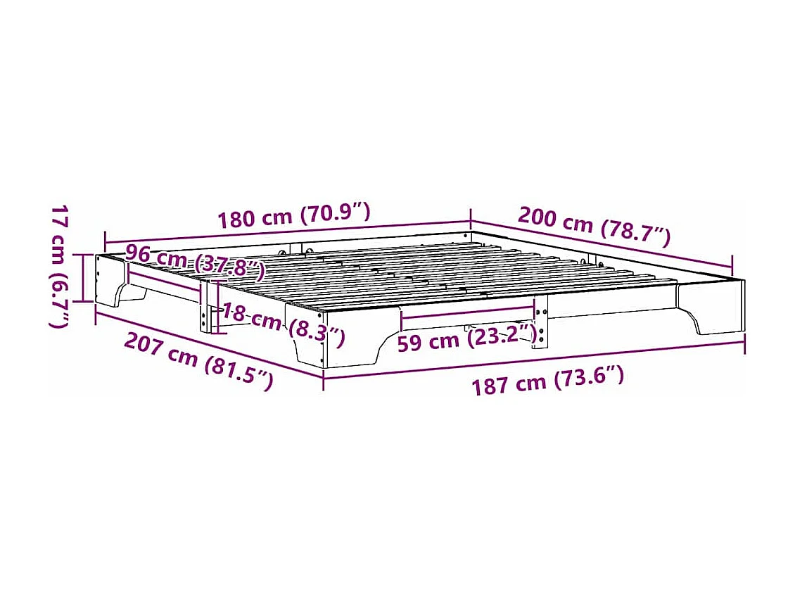 Lit double | Lit adulte | Cadre de lit Blanc 180x200 cm en Bois Massif