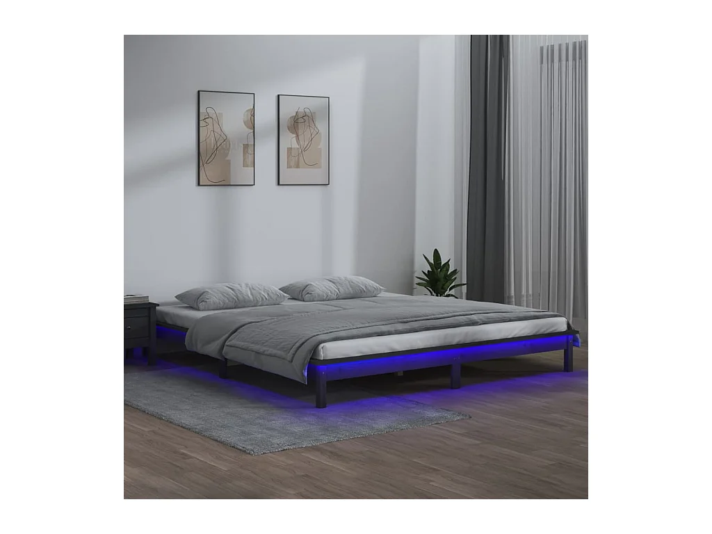 Lit double | Lit adulte | Cadre de lit à LED gris 140x190 cm bois massif