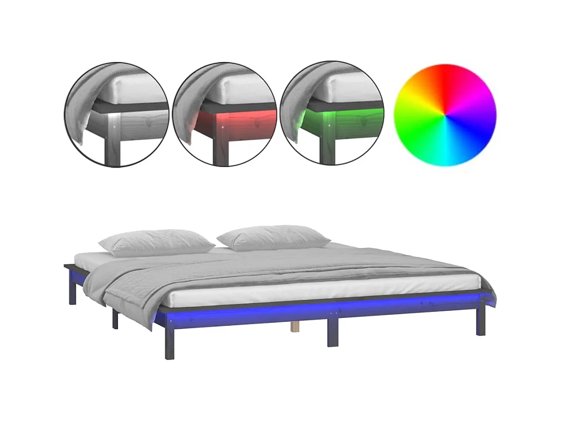 Lit double | Lit adulte | Cadre de lit à LED gris 140x190 cm bois massif