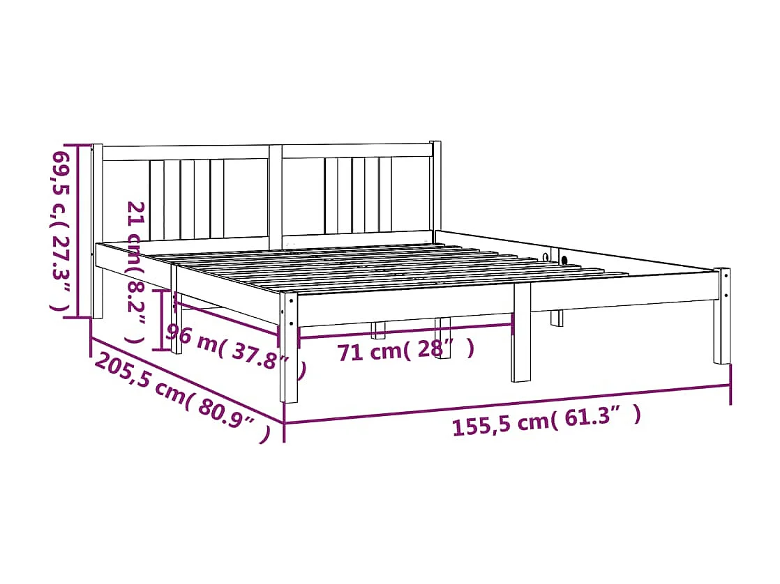 Lit double | Lit adulte | Cadre de lit noir bois massif 150x200 cm
