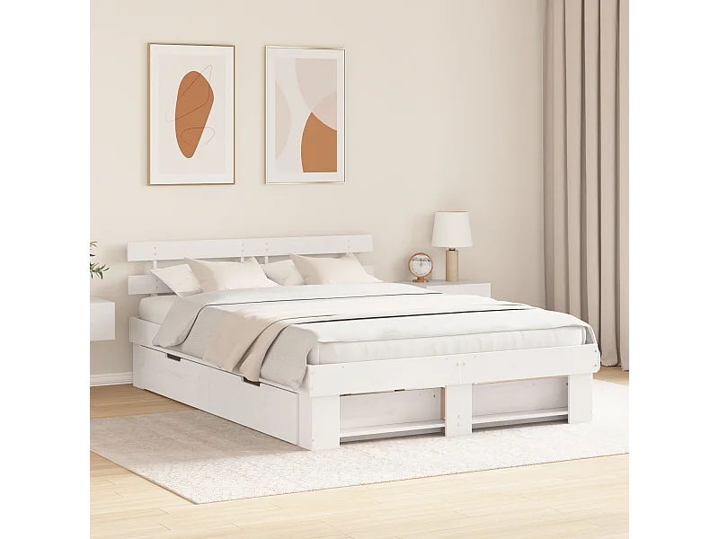 Lit double | Lit adulte | Cadre de lit avec tiroir Blanc 160x200 cm Bois massif en pin