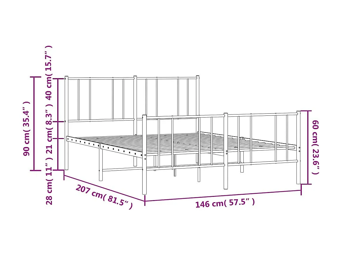 Lit double | Lit adulte | Cadre de lit métal et pied de lit blanc 140x200 cm