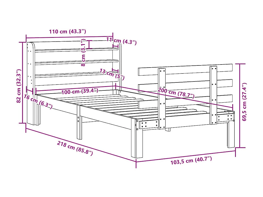 Letto per adulti | Letto singolo | Giroletto con Testiera senza Materasso Bianco 100x200 cm