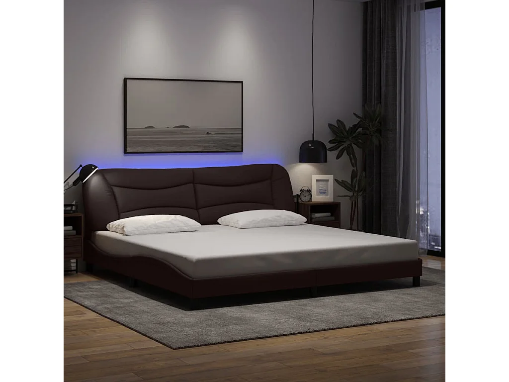 Lit double | Lit adulte | Cadre de lit avec LED marron foncé 200x200cm tissu