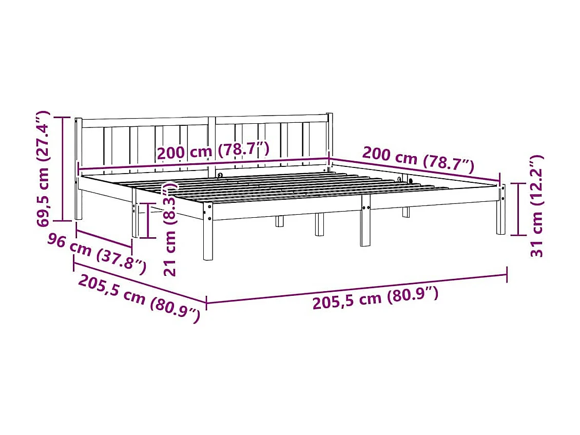 Lit double | Lit adulte | Cadre de lit blanc bois massif 200x200 cm