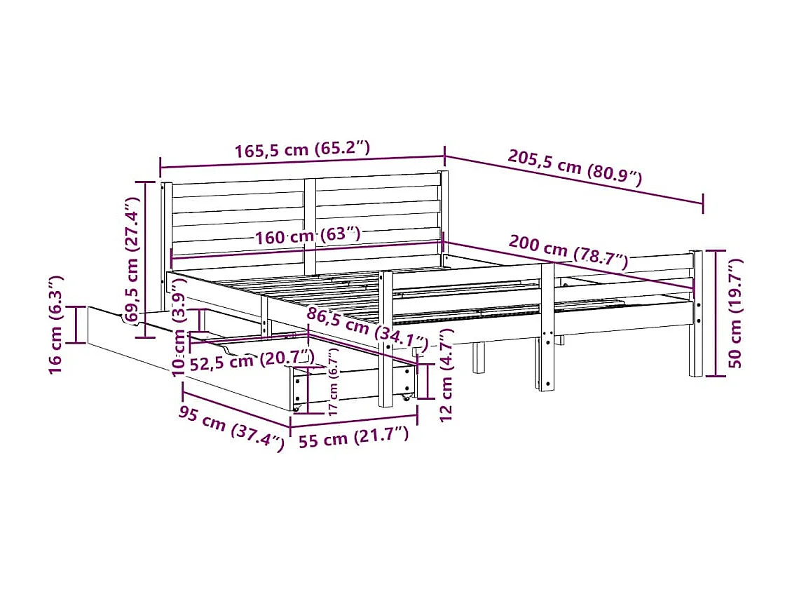Lit double | Lit adulte | Cadre de lit 160x200 cm bois massif de pin