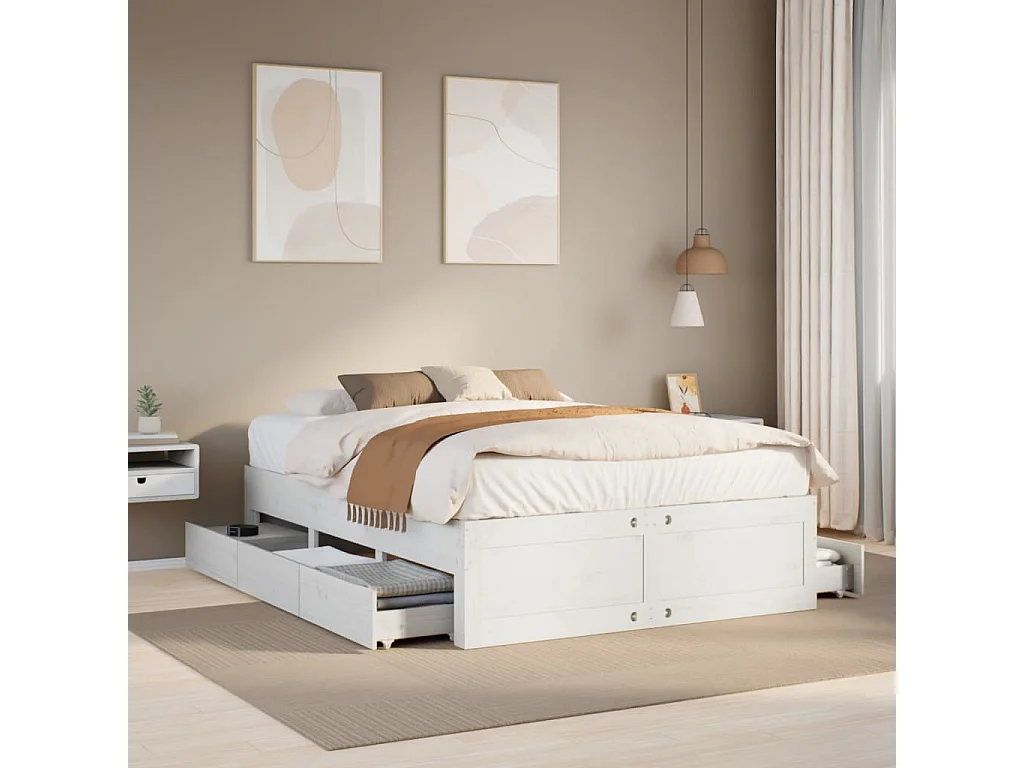 Lit double | Lit adulte | Cadre de lit avec tiroirs blanc 150x200 cm pin