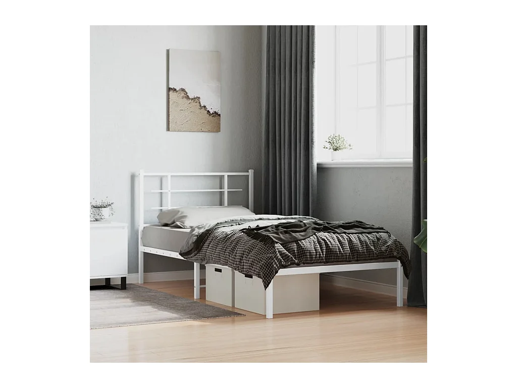 Lit simple | Lit adulte, enfant | Cadre de lit métal et tête de lit blanc 107x203 cm