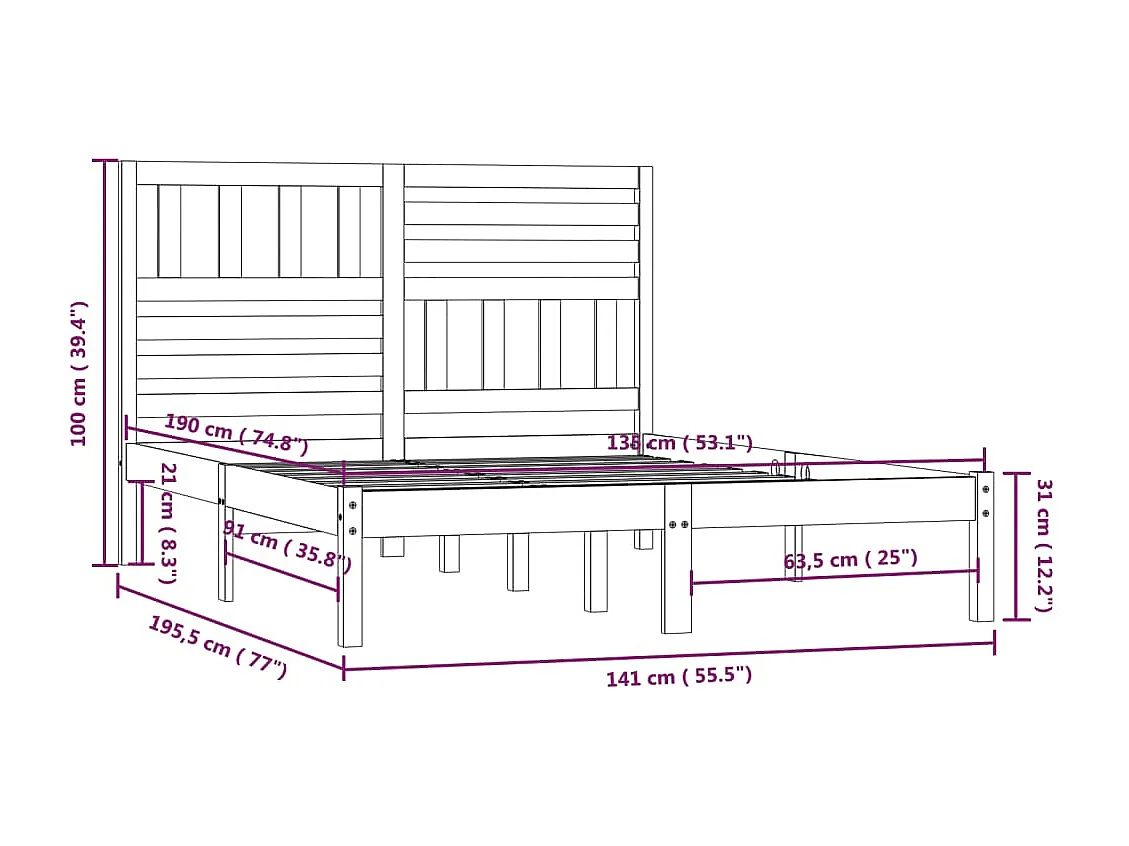 Lit double | Lit adulte | Cadre de lit 135x190 cm bois de pin massif