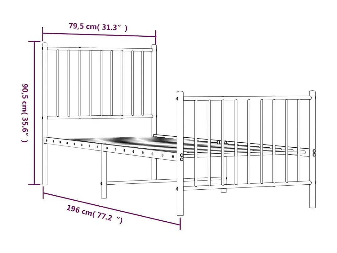 Lit simple | Lit adulte, enfant | Cadre de lit métal avec pied de lit noir 75x190 cm