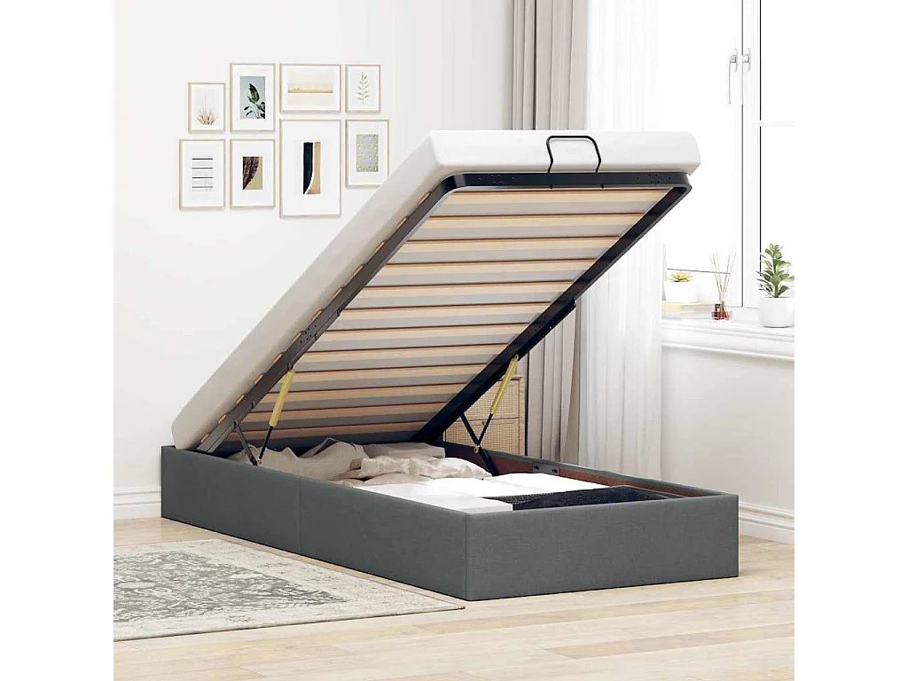 Lit simple | Lit adulte, enfant | Cadre de lit ottoman gris foncé 100x200 cm tissu