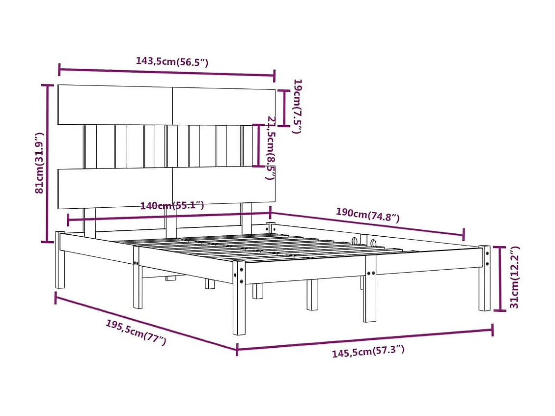 Lit double | Lit adulte | Cadre de lit blanc 140x190 cm bois massif