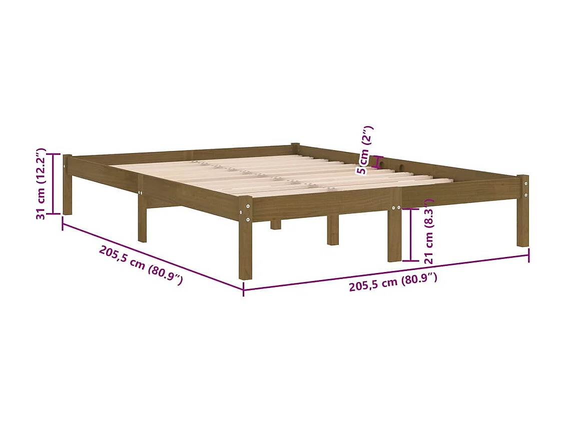 Lit double | Lit adulte | Cadre de lit marron miel bois massif 200x200 cm