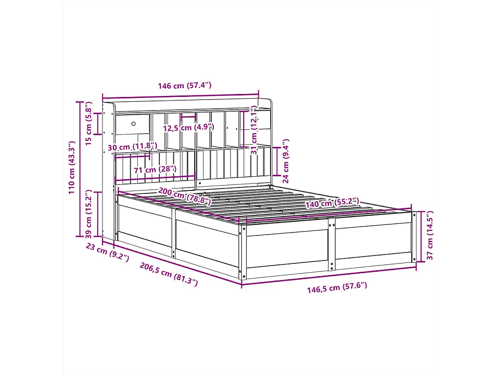 Lit double | Lit adulte | Cadre de lit 140x200 cm bois massif de pin