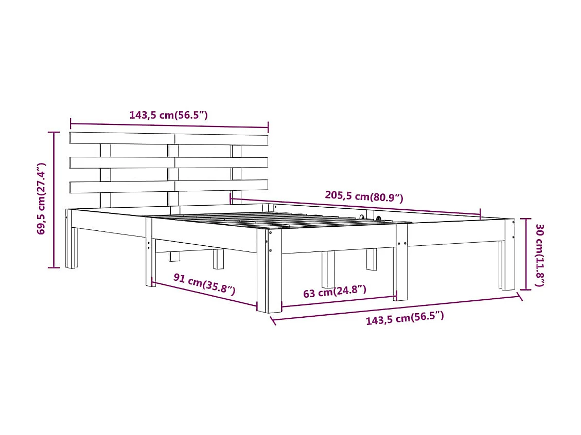 Lit double | Lit adulte | Cadre de lit blanc bois massif 140x200 cm