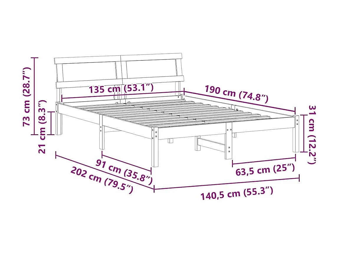 Lit double | Lit adulte | Cadre de lit Marron cire 135x190 cm Bois massif en pin