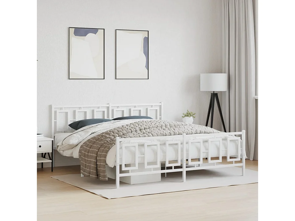 Lit double | Lit adulte | Cadre de lit métal et pied de lit blanc 183x213 cm