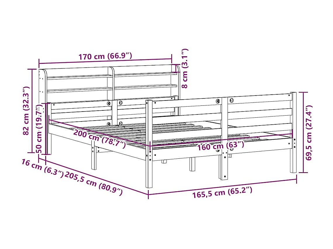 Letto per adulti | Letto matrimoniale | Giroletto con Testiera 160x200 cm in Legno Massello di Pino