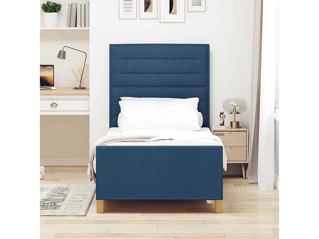 Lit simple | Lit adulte, enfant | Cadre de lit avec tête de lit Bleu 90x190 cm tissu