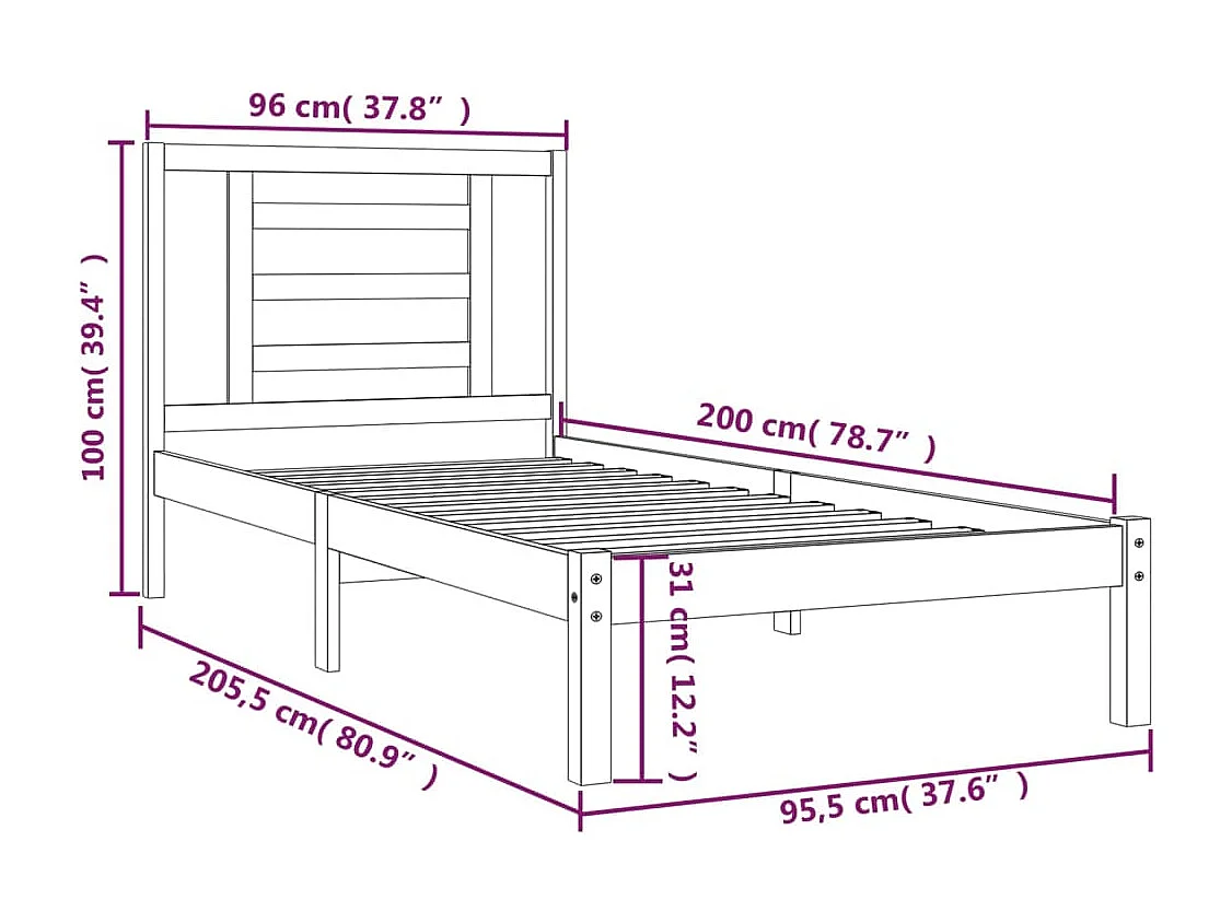 Lit simple | Lit adulte, enfant | Cadre de lit blanc 90x200 cm bois de pin massif