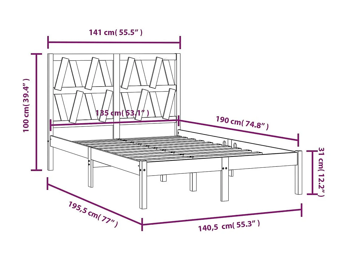 Lit double | Lit adulte | Cadre de lit bois massif 135x190 cm