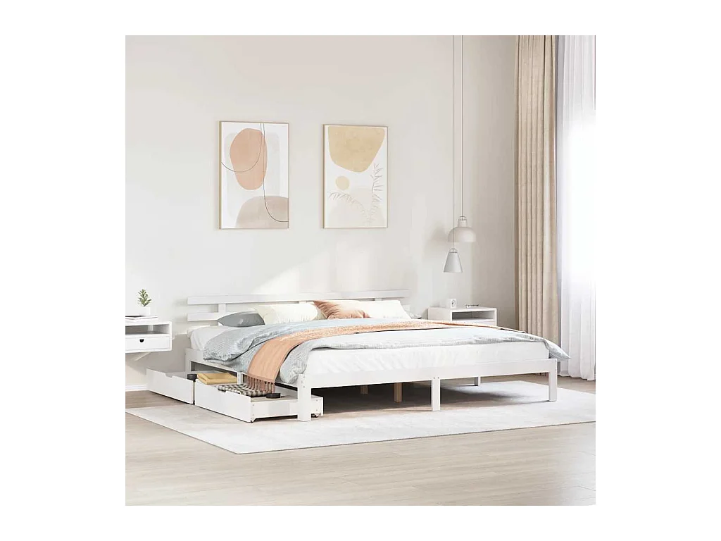 Letto per adulti | Letto matrimoniale | Giroletto con Cassetti Bianco 180x200 cm Legno Massello di Pino