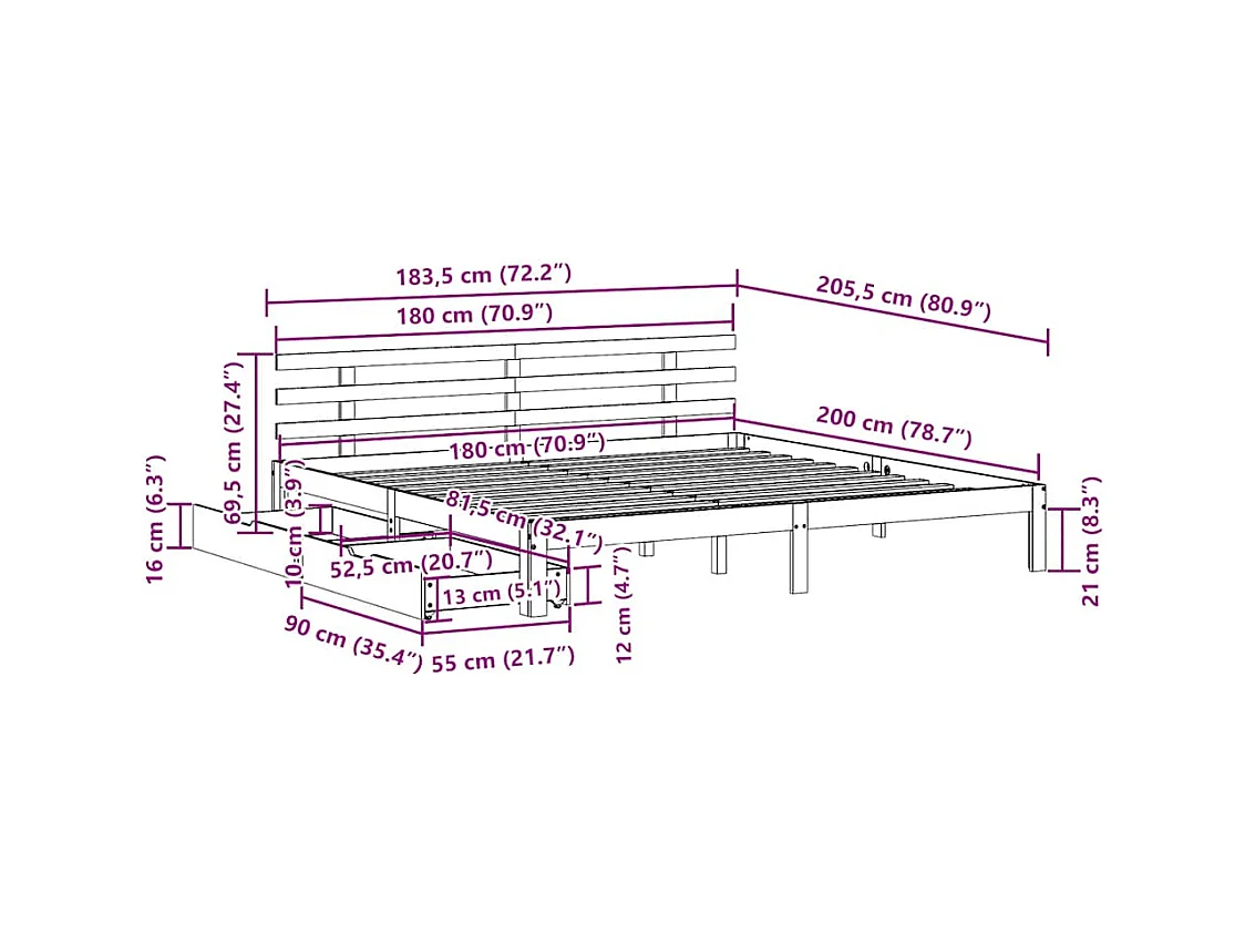 Letto per adulti | Letto matrimoniale | Giroletto con Cassetti Bianco 180x200 cm Legno Massello di Pino