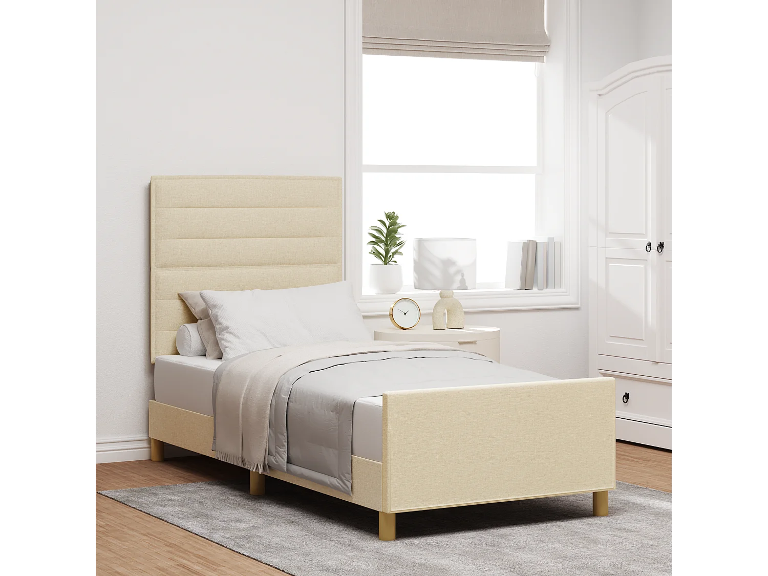 Lit simple | Lit adulte, enfant | Cadre de lit avec tête de lit Crème 100x200 cm tissu